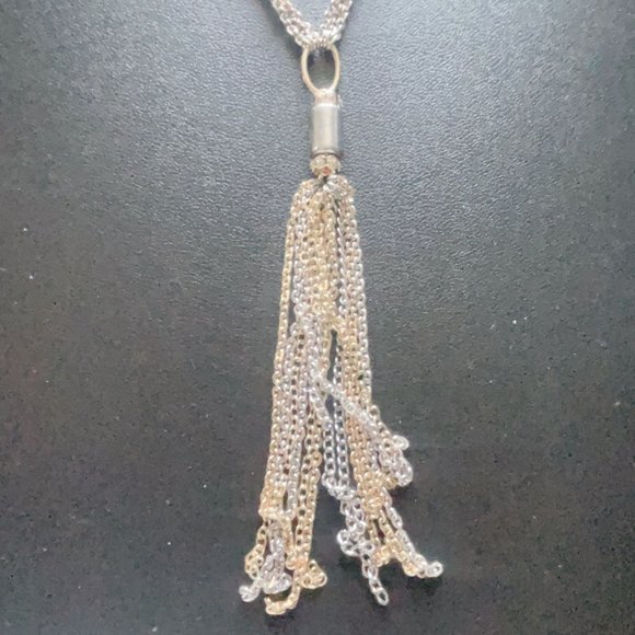 Chico's 2 Tone Silver & Gold Long Multi Chain with Tassel Necklace Medium - Picture 3 of 5